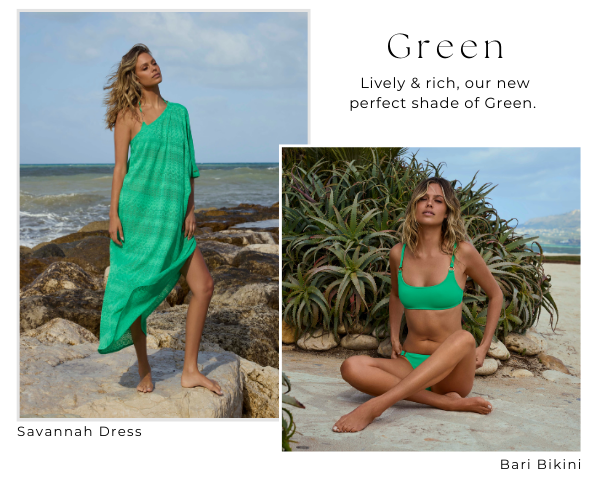Green - model wears Savannah Green Dress and Bari Green Bikini