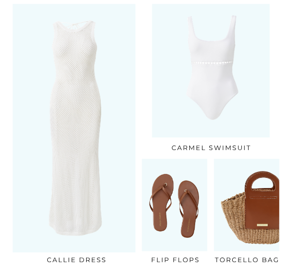 Callie White Dress, Carmel White Swimsuit, Tan Sandals, Torcello Bag.