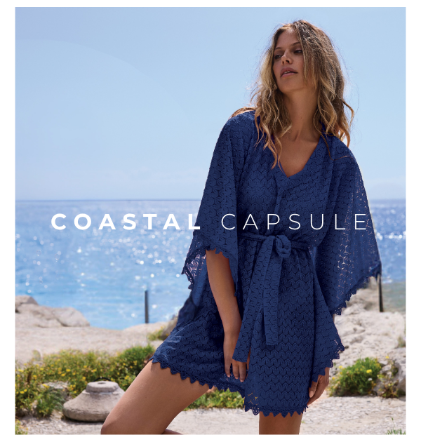 Coastal Capsule - model wears Petra Marine Kaftan