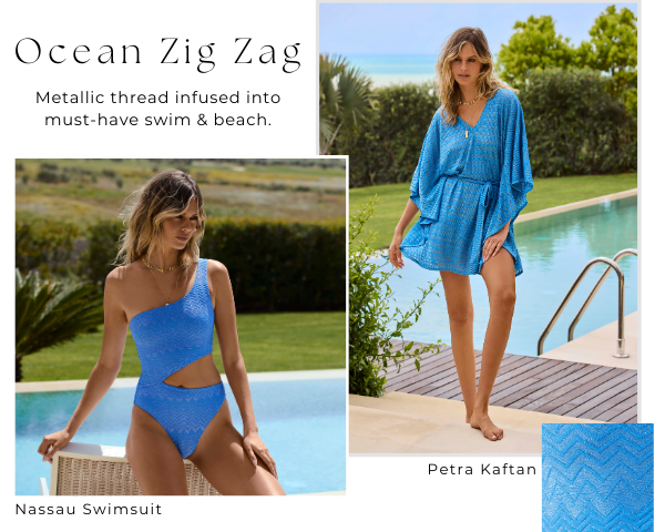 Ocean Zigzag - model wears Nassau Swimsuit and Petra Swimsuit