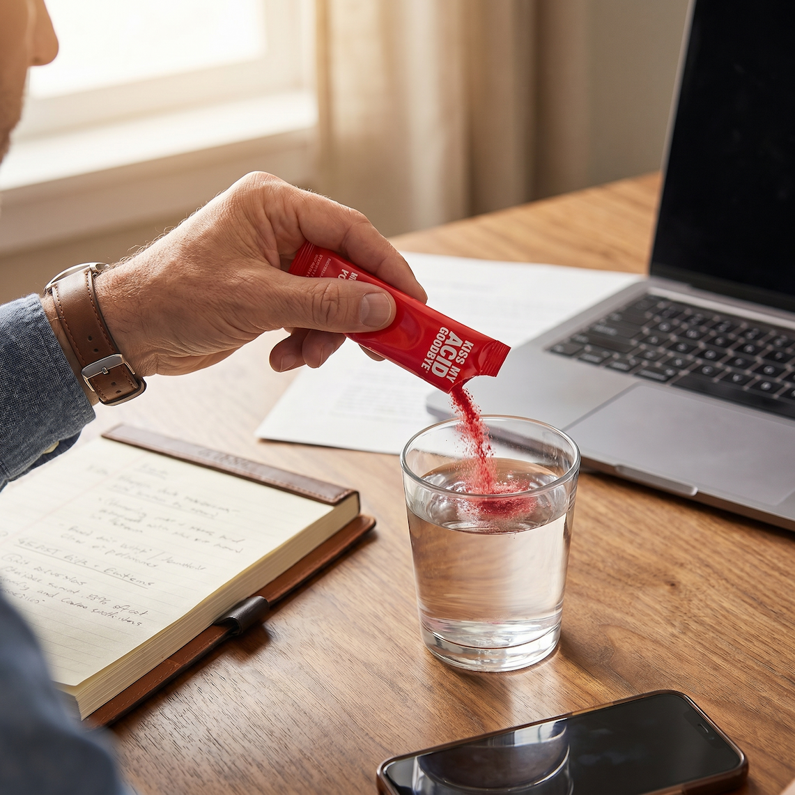 Man at a desk mixing a KMAG supplement stick pack into water, incorporating it into a workday routine.