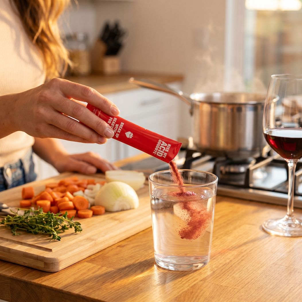 Woman in kitchen with KMAG supplement — daily routine for digestive health support