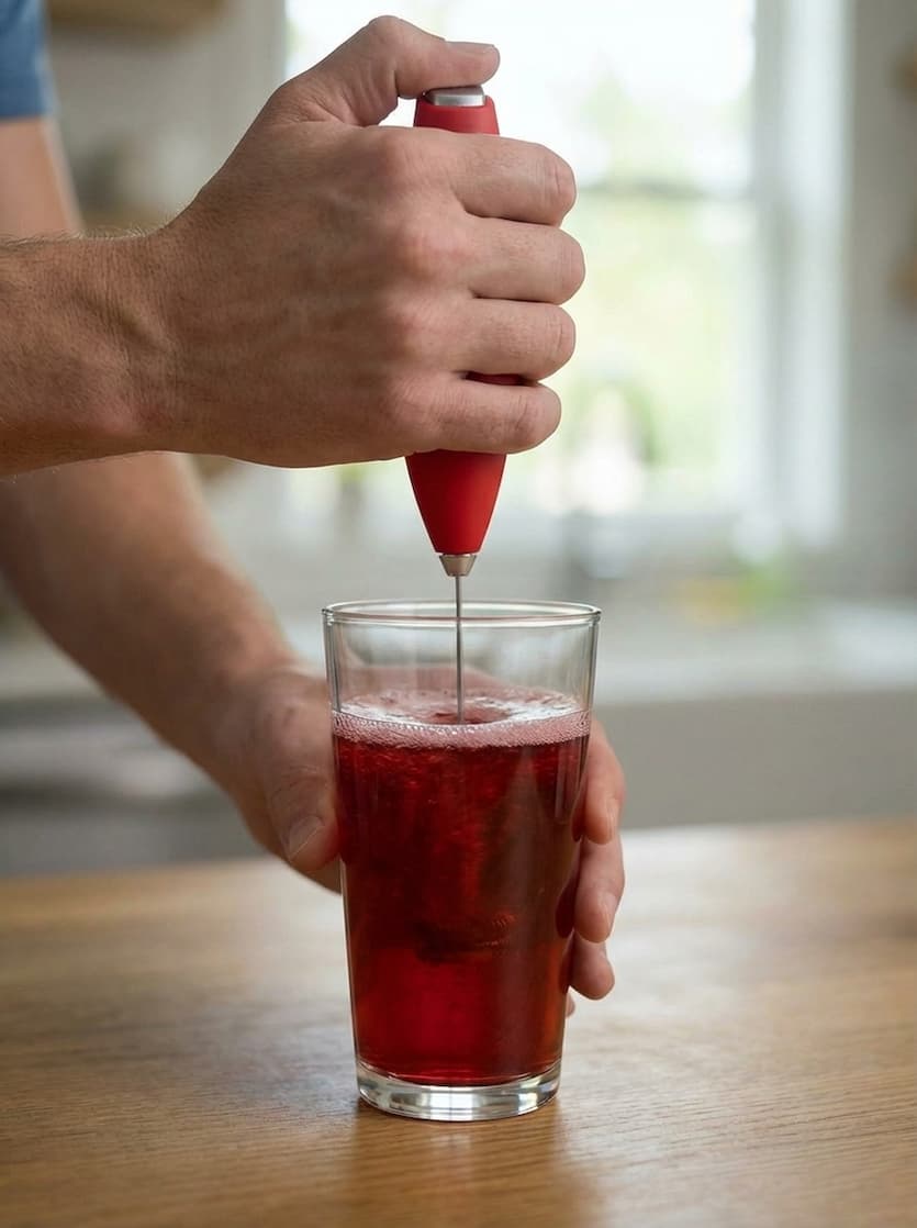 Person mixing KMAG supplement powder into water as part of a daily routine.