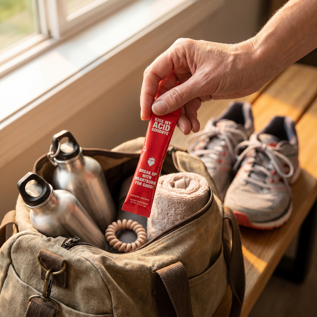 KMAG stick pack in a gym bag, a daily supplement for digestive support on the go