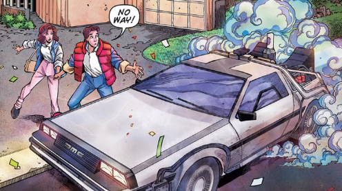 A time-traveling comic panel with a DeLorean