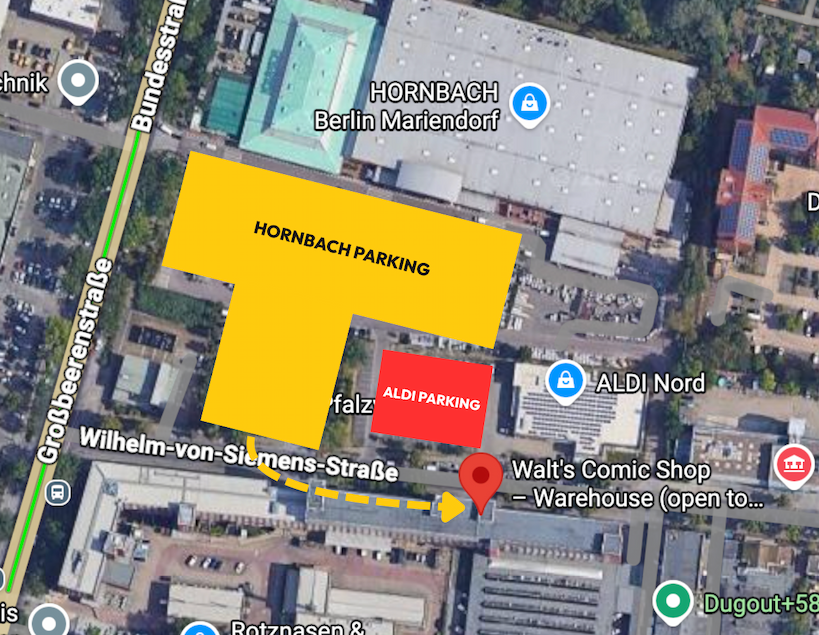 Map showing the Walt’s Comic Shop warehouse and nearby parking areas