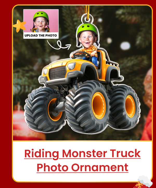 Custom Face Kid Riding Monster Truck Gifts For Toddler, Kids Acrylic Photo Ornament