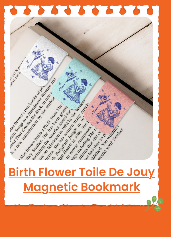 Birth Flower Book Lovers Toile De Jouy Leather Magnetic Bookmark