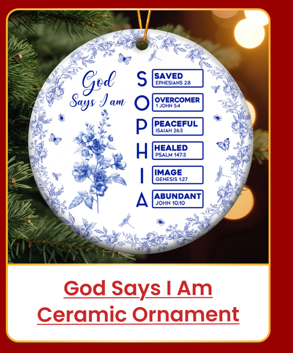 God Says I Am Name Letter In Bible Toile De Jouy Style Ceramic Ornament