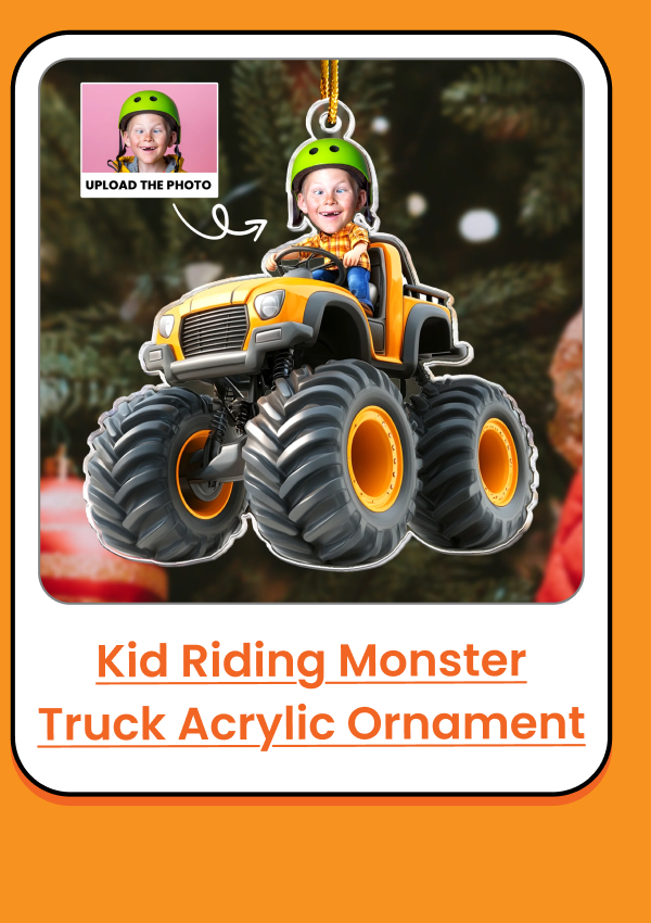 Custom Face Kid Riding Monster Truck Acrylic Photo Ornament