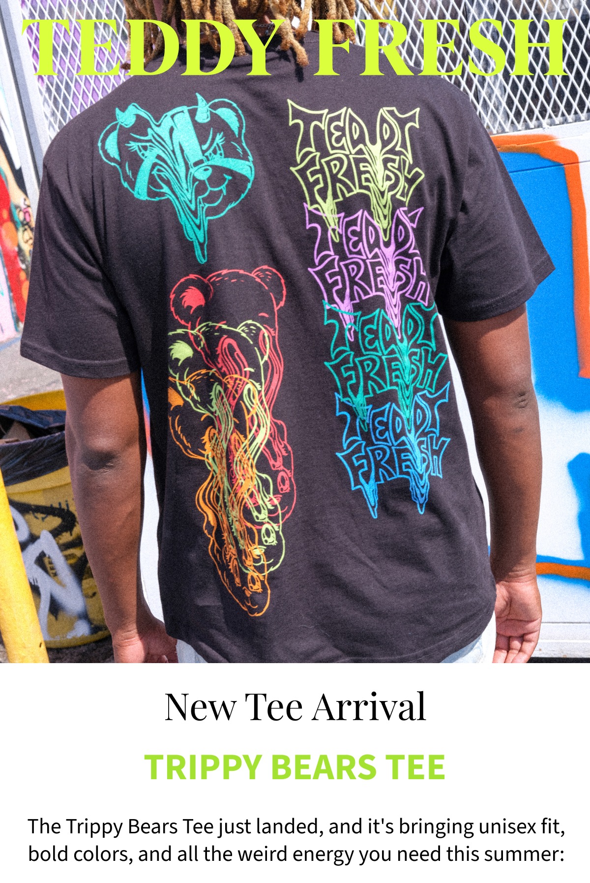 back of our model with a close up of the trippy bear tee