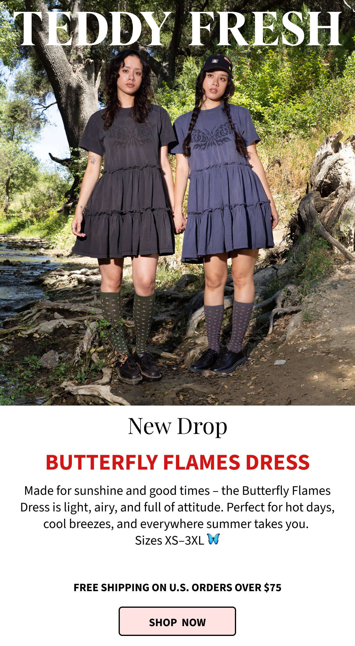 2 girl models modeling our new dress in the forest