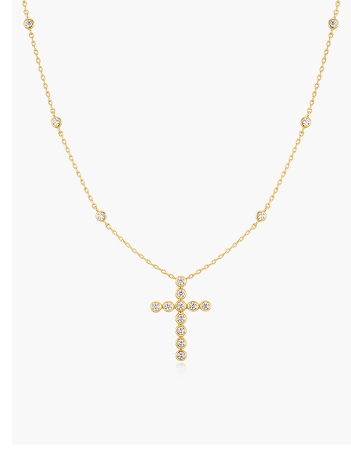 Gold Bezel-Set Station Necklace with Cross Pendant