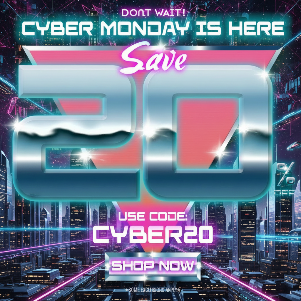 an image of a cyber city with neon lights and a neon sign that says cyber monday is here