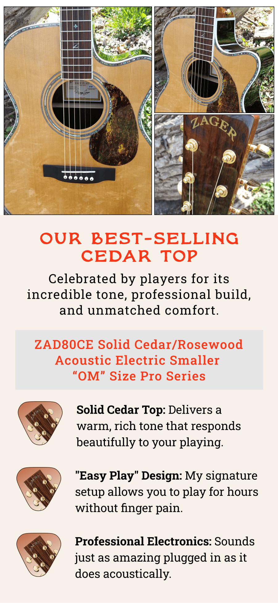 ZAD80CE Solid Cedar/Rosewood Acoustic Electric Smaller "OM" Size Pro Series