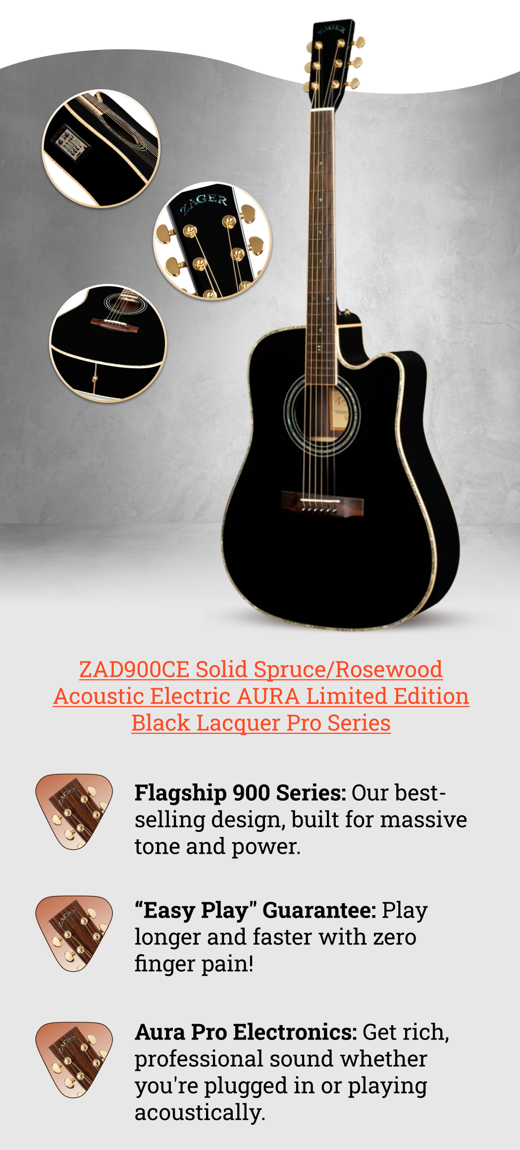 ZAD900CE Solid Spruce/Rosewood Acoustic Electric AURA Limited Edition Black Lacquer Pro Series