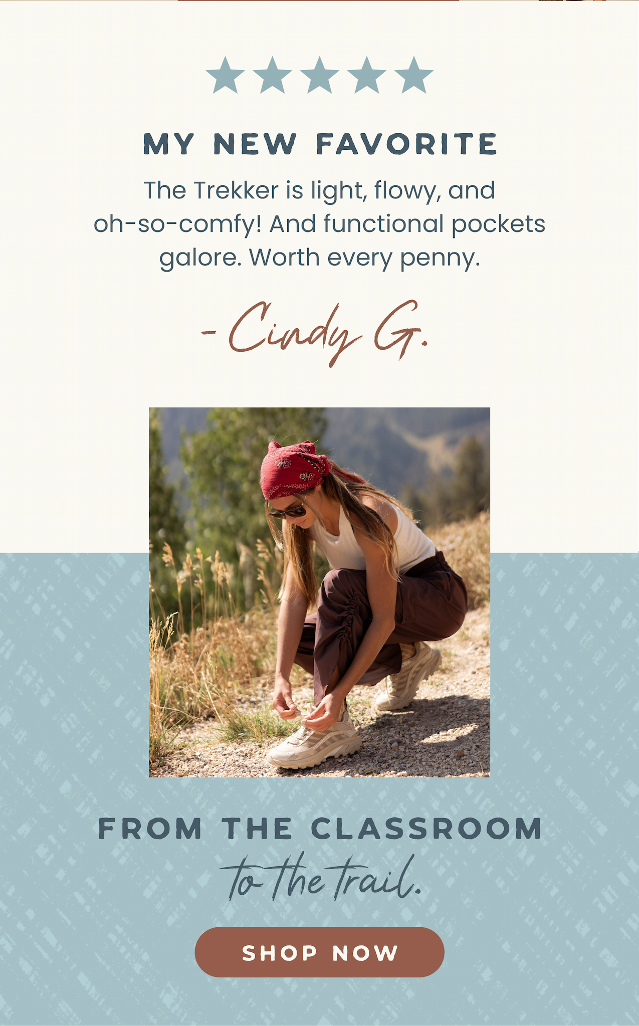 "My new favorite! The Trekker is light, flowy, and oh-so-comfy! And functional pockets galore. Worth every penny." - Cindy G.