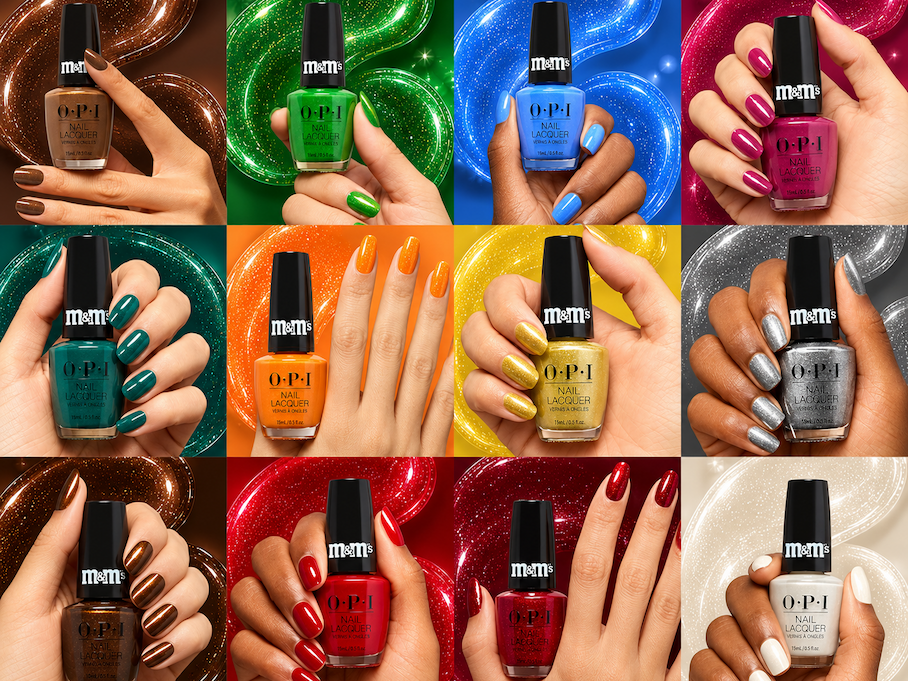 All 12 OPI x M&M'S shades worn on nails