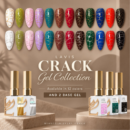 LAVIS Crack Gel Collection — 12 colors on nail tips showing the crack effect, plus 2 base gels
