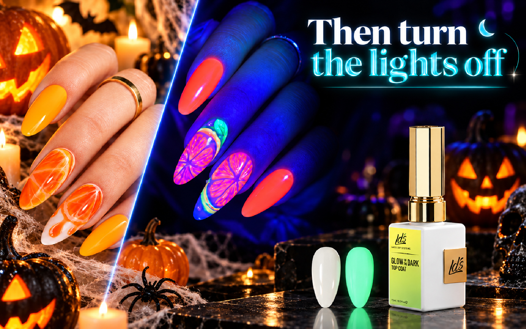 Then turn the lights off — LDS Glow in the Dark Gel Top Coat, one clear bottle, shown over nails in daylight and glowing in the dark