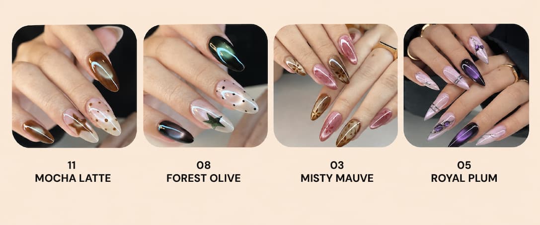 Velvet Ember on real nails: 11 Mocha Latte, 08 Forest Olive, 03 Misty Mauve, 05 Royal Plum
