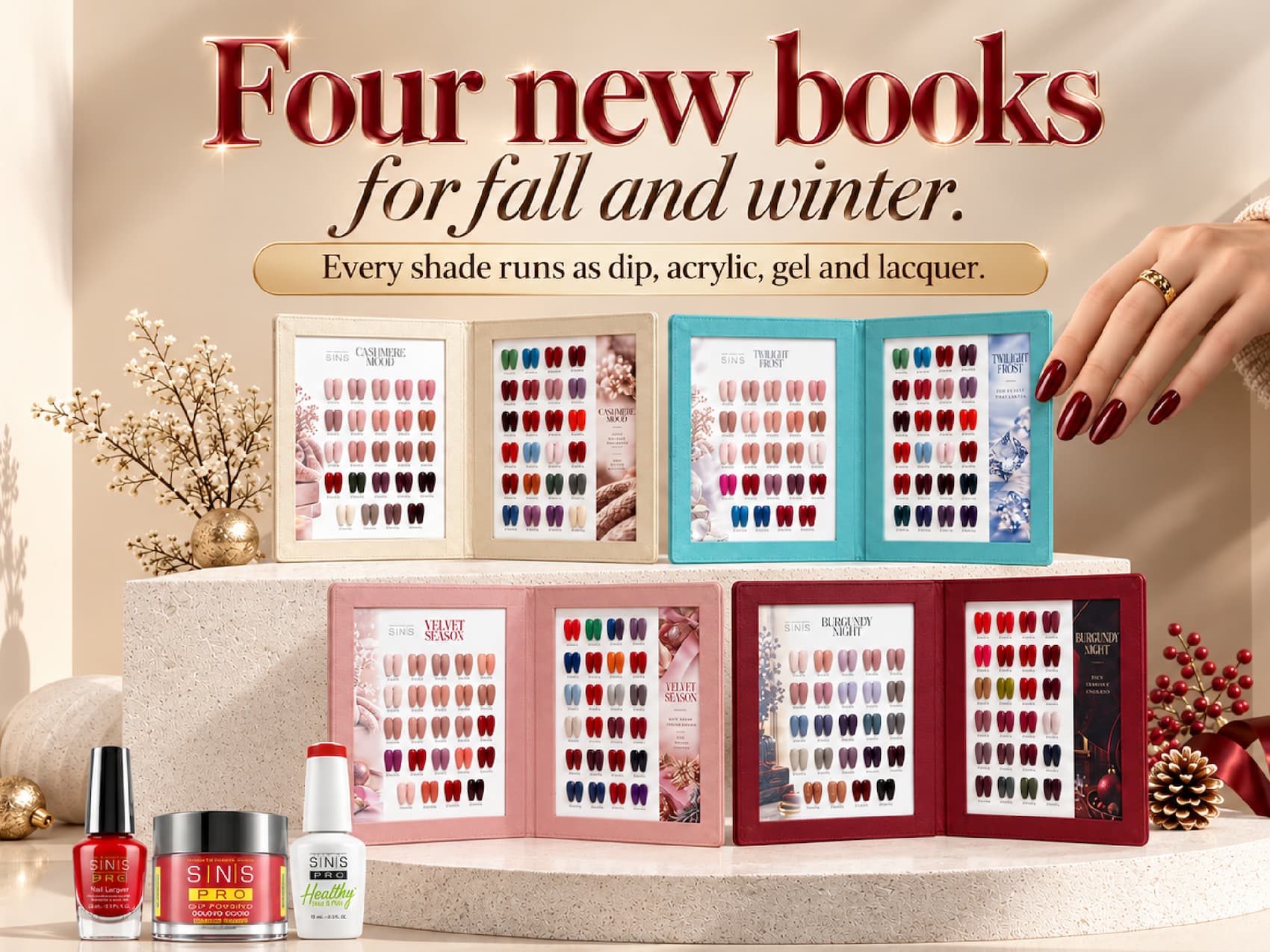 Four new SNS Pro 4 in 1 colour books for fall and winter, 48 shades each. Every shade runs as dip, acrylic, gel and lacquer.