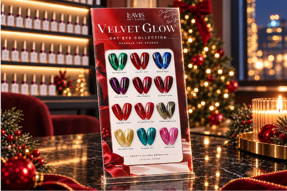LAVIS Velvet Glow color chart: 01 Frosted Teal, 02 Crimson Glow, 03 Golden Cheers, 04 Party Pink, 05 Champagne Olive, 06 Celebration Red, 07 Festive Plum, 08 Ruby Sparkle, 09 Winter Night, 10 Emerald Wish, 11 Midnight Wine, 12 Holiday Red