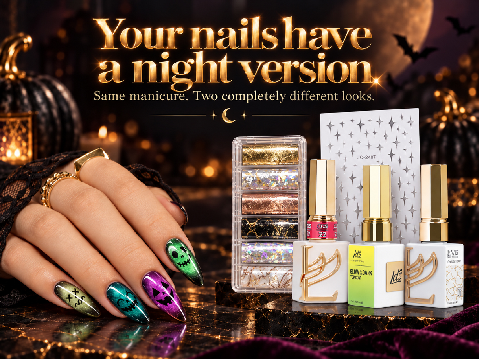 Your nails have a night version. Same manicure, two completely different looks — Halloween nail art at ND: stickers, transfer foil, crack gel, neon gel, and glow in the dark top coat