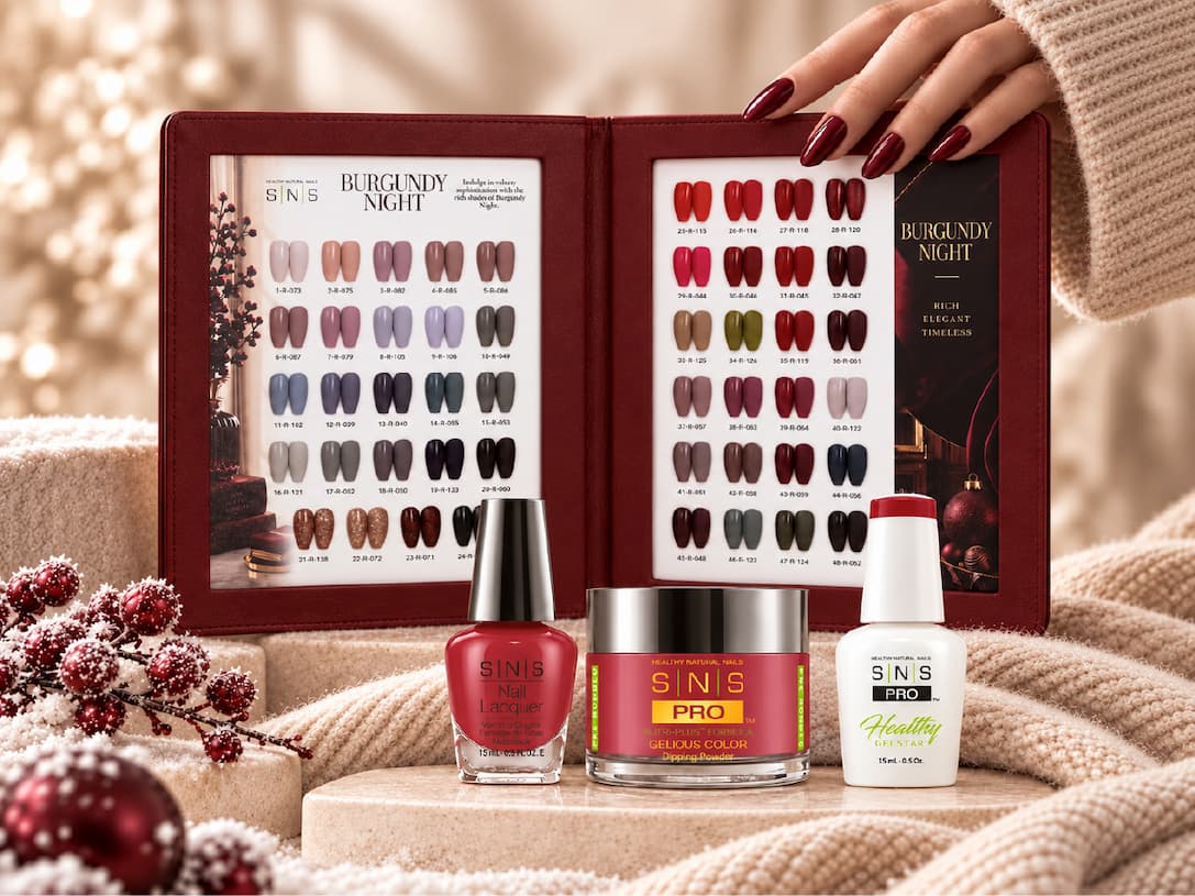 SNS Pro 4 in 1 Burgundy Night colour book, 48 shades, with matching dip powder, gel and lacquer
