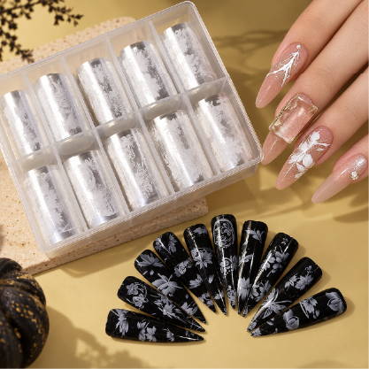 Nail Transfer Foil — silver foil pressed onto black and nude nails