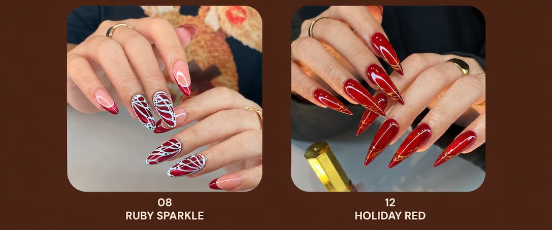 Velvet Glow on real nails: 08 Ruby Sparkle, 12 Holiday Red