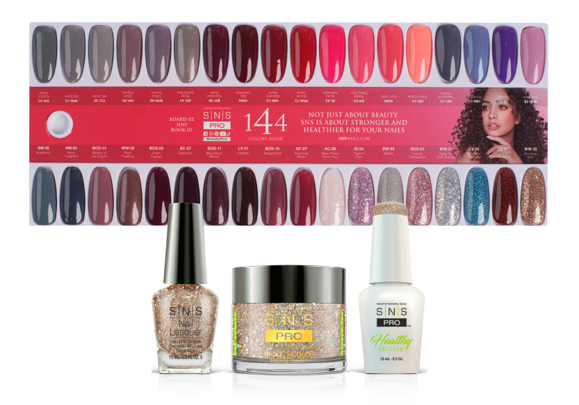 SNS Pro Burgundy Board 2, shades 037 to 072, with matching lacquer, dip powder and gel