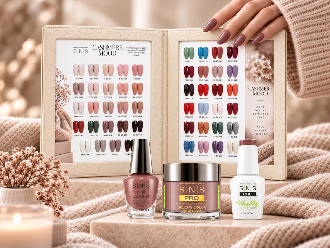 SNS Pro 4 in 1 Cashmere Mood colour book, 48 shades, with matching dip powder, gel and lacquer