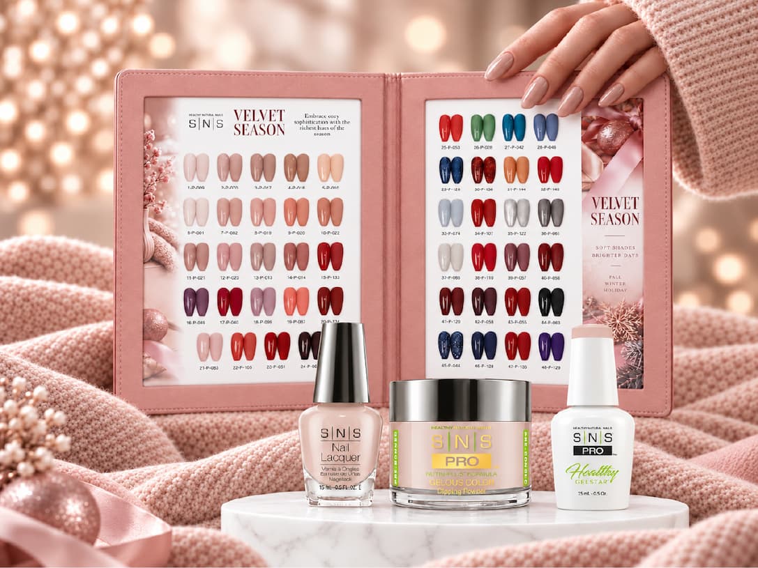 SNS Pro 4 in 1 Velvet Season colour book, 48 shades, with matching dip powder, gel and lacquer