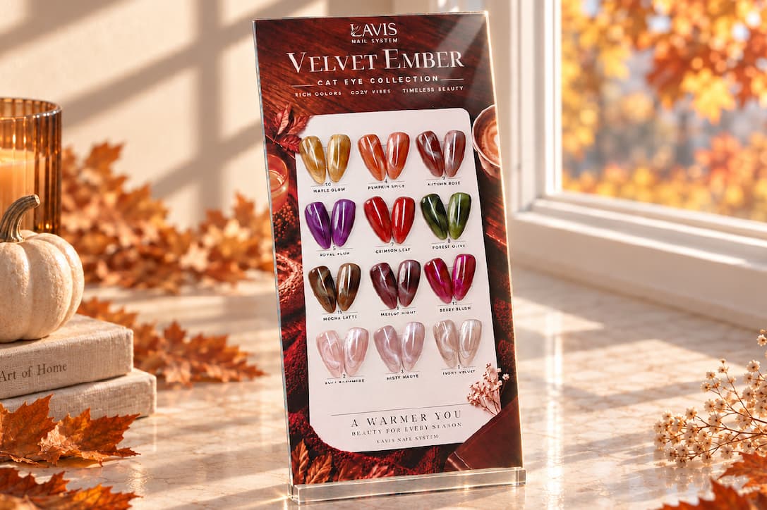 LAVIS Velvet Ember color chart: 01 Ivory Velvet, 02 Soft Cashmere, 03 Misty Mauve, 04 Pumpkin Spice, 05 Royal Plum, 06 Merlot Night, 07 Crimson Leaf, 08 Forest Olive, 09 Autumn Rose, 10 Maple Glow, 11 Mocha Latte, 12 Berry Blush