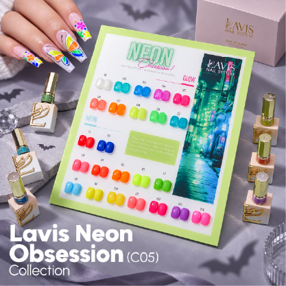 LAVIS C05 Neon Obsession — 24 neon shades swatched on nail tips