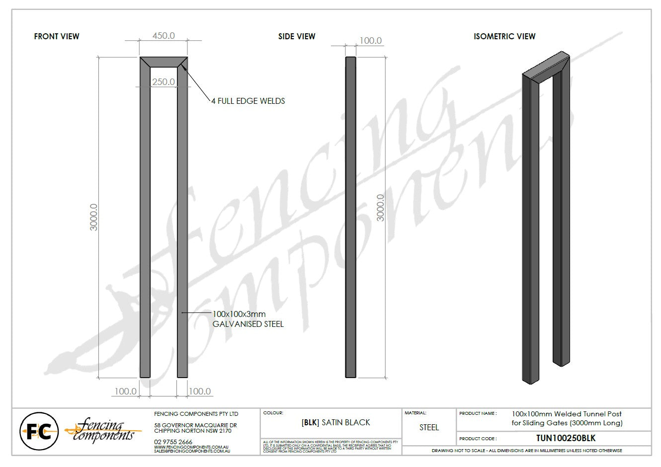 TUN100250BLK technical drawing — front, side and isometric views with dimensions