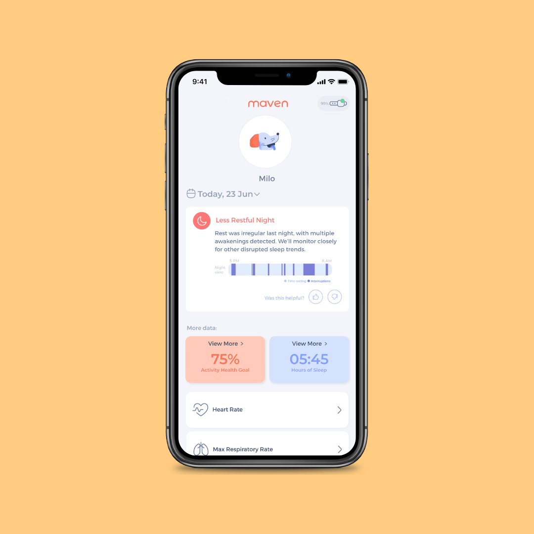 Maven Pet app showing a dog's daily health report and vitals trends