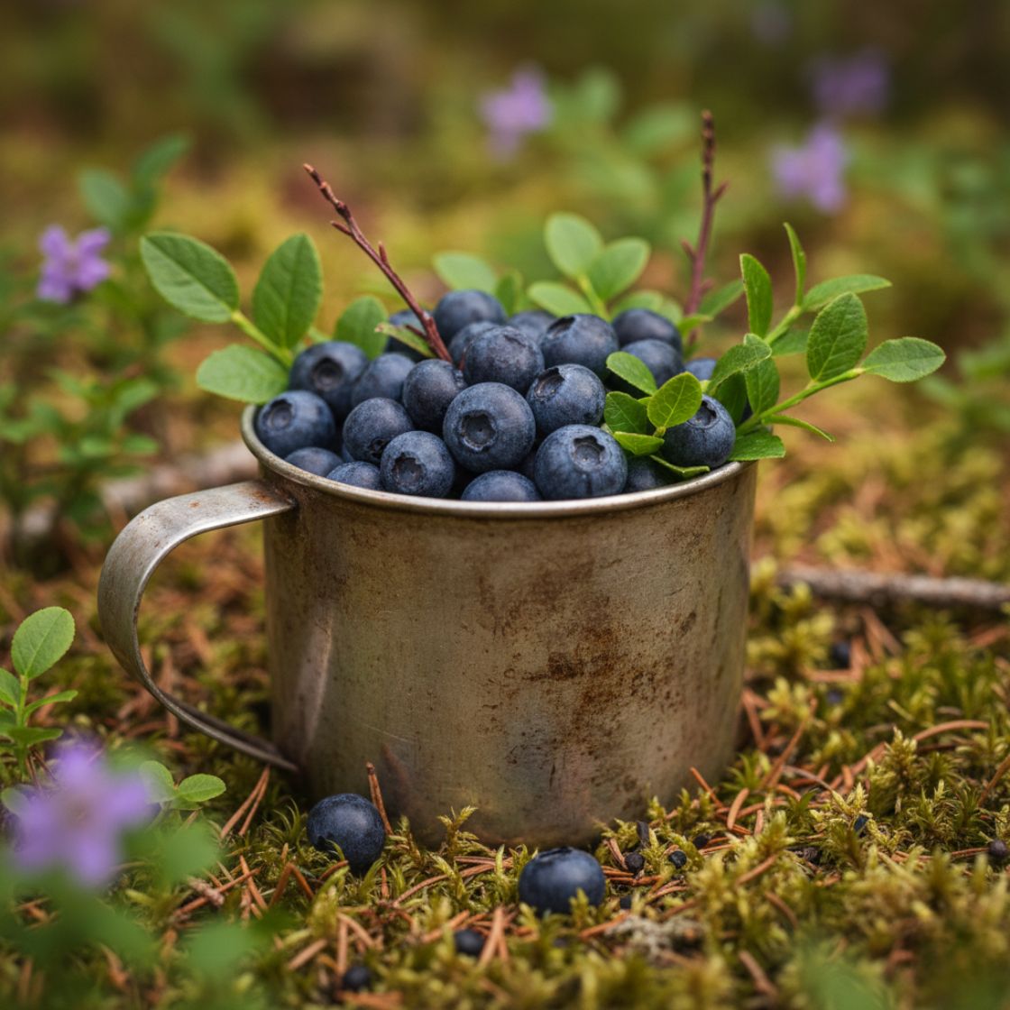 Wild Nordic blueberries on branch