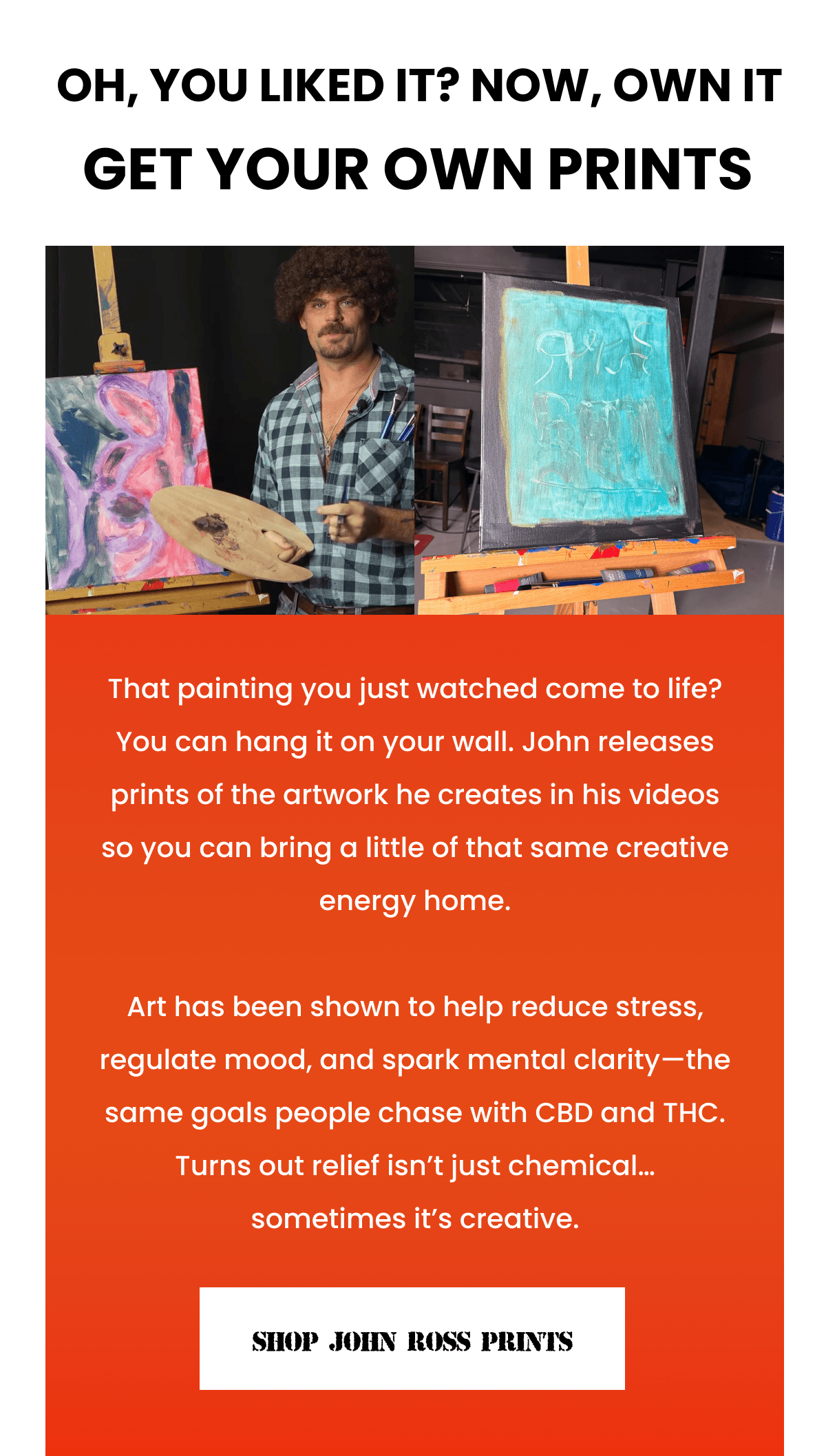 Oh, You Liked It? Now, Own It | Get Your Own Prints | That painting you just watched come to life? You can hang it on your wall. John releases prints of the artwork he creates in his videos so you can bring a little of that same creative energy home.  Art has been shown to help reduce stress, regulate mood, and spark mental clarity—the same goals people chase with CBD and THC. Turns out relief isn't just chemical… sometimes it's creative. | Shop John Ross Prints