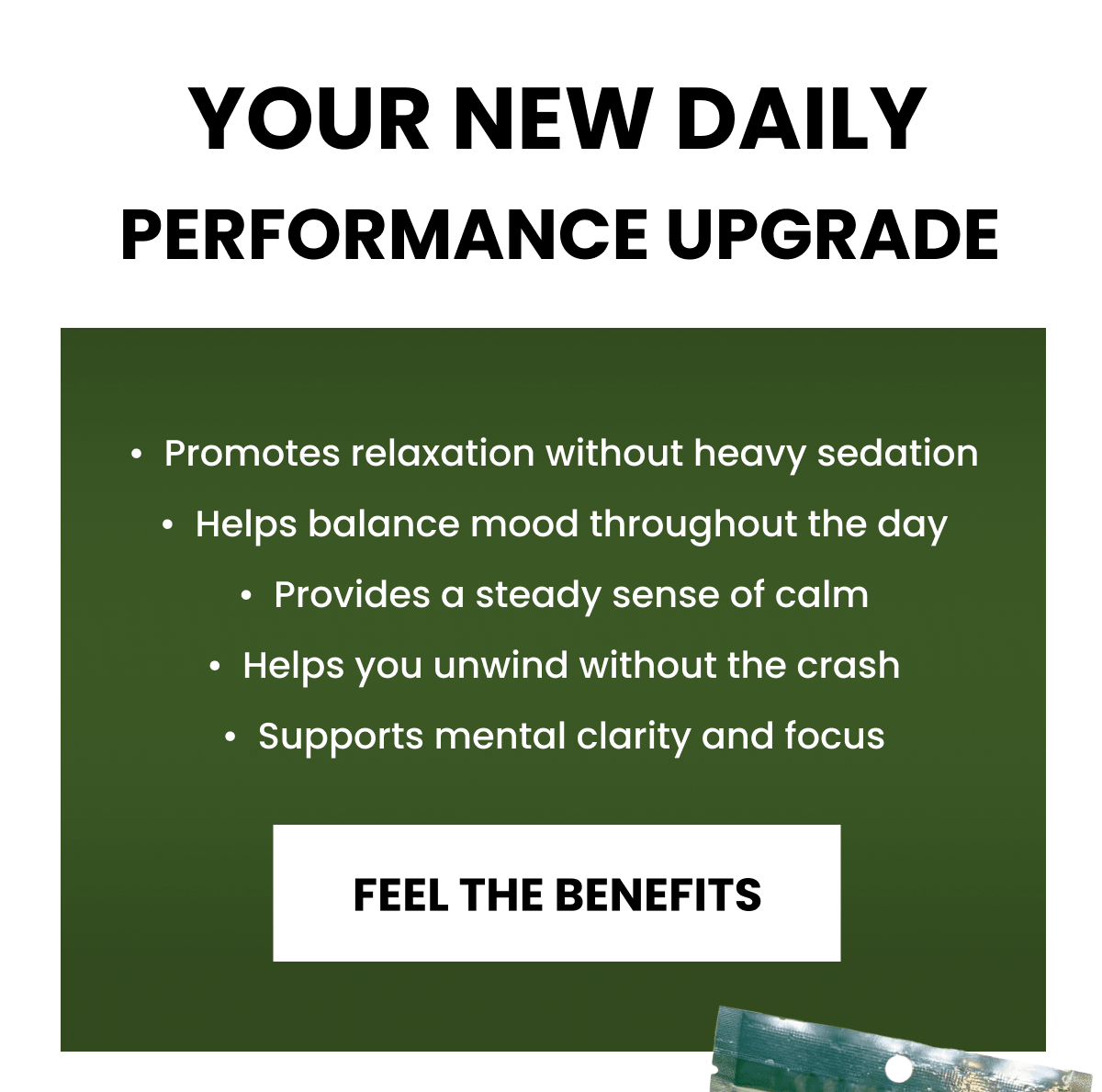 Your New Daily Performance Upgrade | Promotes relaxation without heavy sedation Helps balance mood throughout the day Provides a steady sense of calm Helps you unwind without the crash Supports mental clarity and focus | FEEL THE BENEFITS