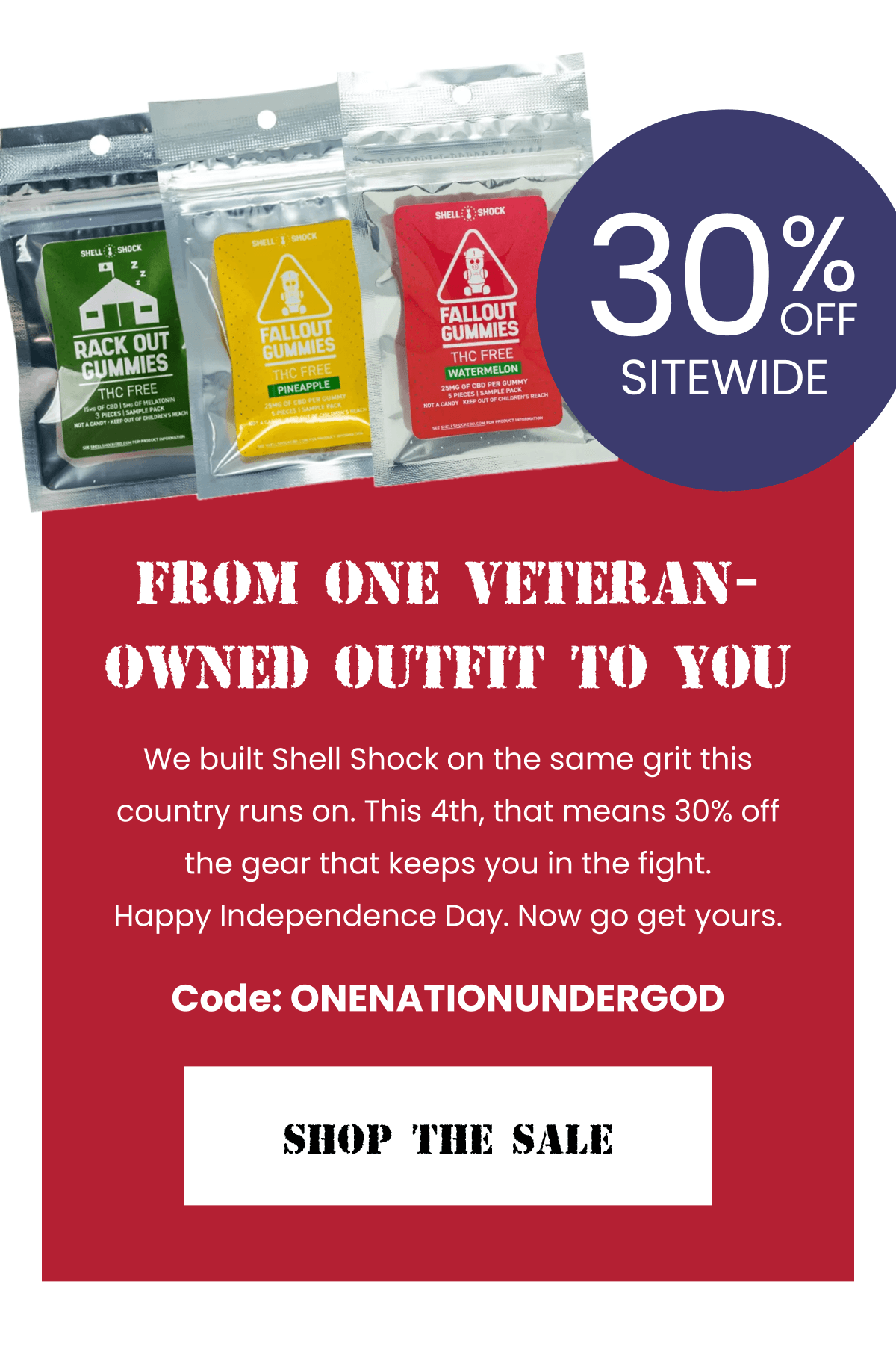30% Off Sitewide | From One Veteran-Owned Outfit to You | We built Shell Shock on the same grit this country runs on. This 4th, that means 30% off the gear that keeps you in the fight. Happy Independence Day. Now go get yours. | Code: ONENATIONUNDERGOD | Shop Now