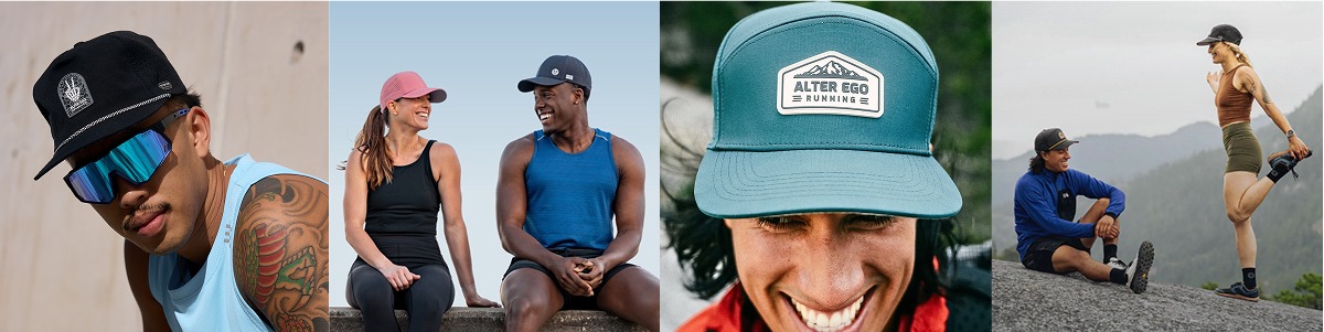 image grid of men and women being active wearing Alter Ego hats