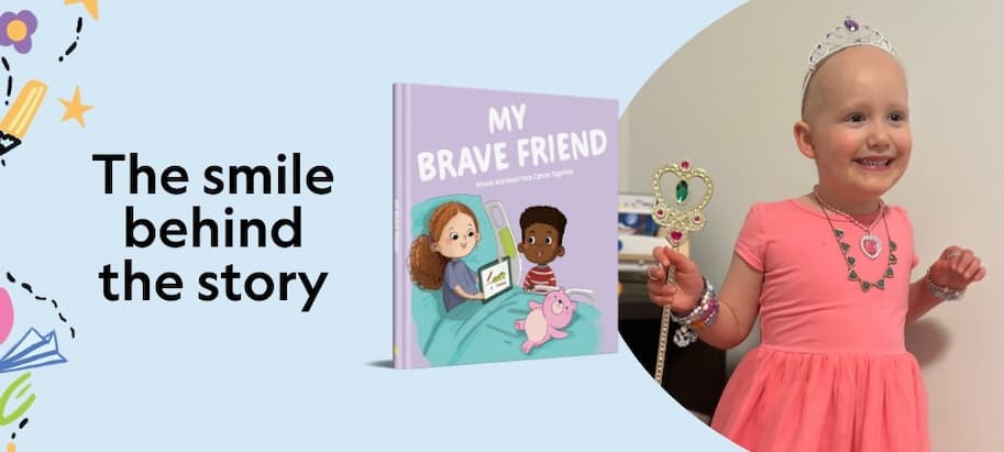Graphic of a children's book next to a young girl with cancer wearing a princess outfit