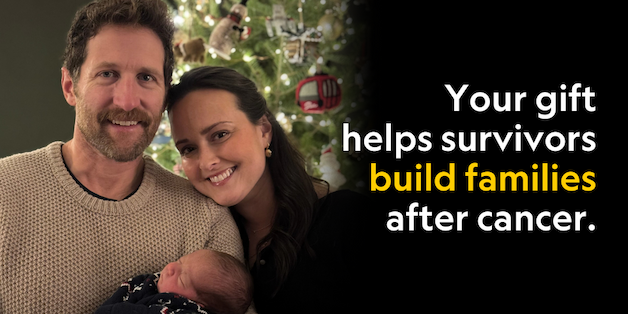 Parents posing with a newborn beside a Christmas tree