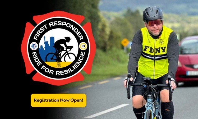Cyclist in an FDNY jersey next to First Responder Ride for Resilience logo