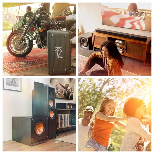 4 quadrant image: One with Klipsch New York party speaker sitting under a tent next to a motorcycle.  One with a young woman sitting in-front of a Flexus sound system, with woman trapped in the American flag on the tv. One showcasing a  Klipsch Reference Premiere speaker system. Last one has a group a young adults dancing outside in a conga line. 