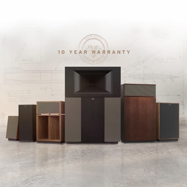 !0 Year warranty above a row of Klipsch Heritage speakers. 