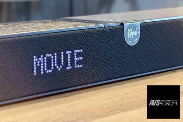 Close-up on a Klipsch Flexus soundbar, with thee word 