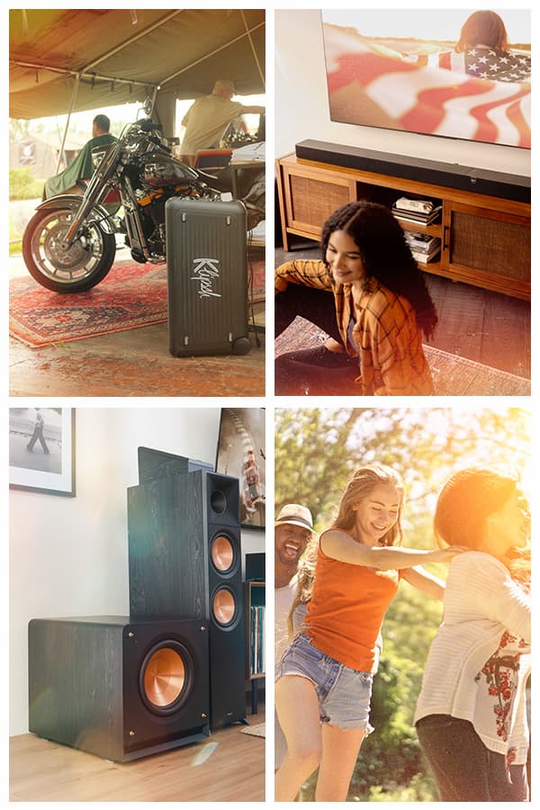 4 quadrant image: One with Klipsch New York party speaker sitting under a tent next to a motorcycle.  One with a young woman sitting in-front of a Flexus sound system, with woman trapped in the American flag on the tv. One showcasing a  Klipsch Reference Premiere speaker system. Last one has a group a young adults dancing outside in a conga line. 